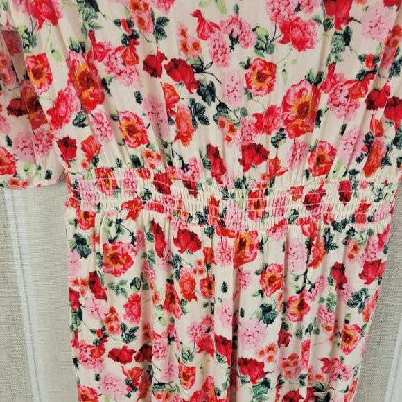 Old Navy Puff-Sleeve V-Neck Crepe Midi Dress Floral Pink Red Size Small - Picture 9 of 10